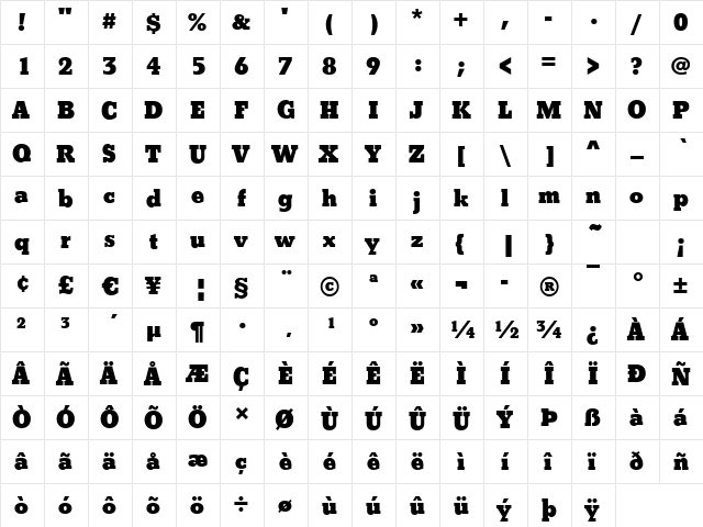 Boston-Xbold Regular  glyph index