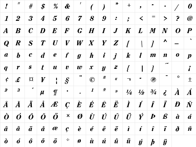 ClearfaceH Bold Italic  glyph index