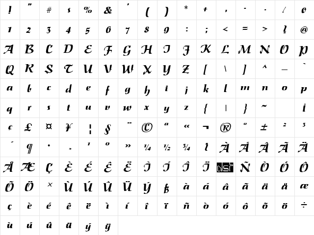 Saltino Regular  glyph index