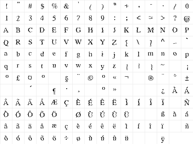 Craaac Regular  glyph index