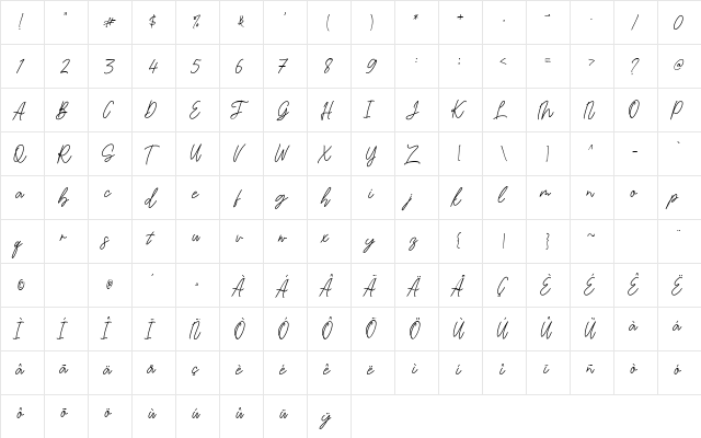 Bambi Handwritten Regular  glyph index