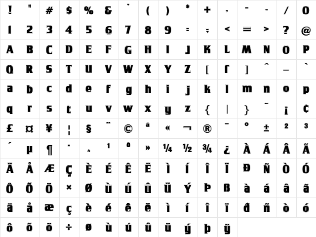 Tobago Poster Contour Regular  glyph index