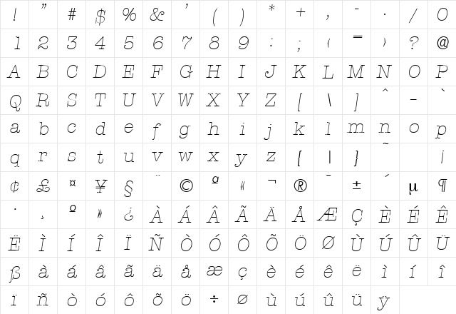 Typewriter-Serial-ExtraLight RegularItalic  glyph index