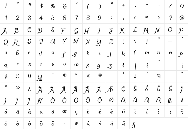 PensleCaligraf Bold  glyph index