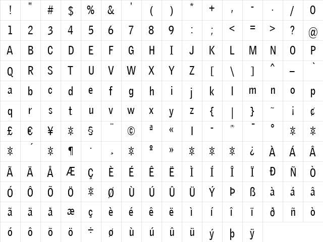 GriffithGothicCond Regular  glyph index