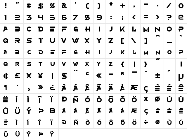 Alternity Bold  glyph index