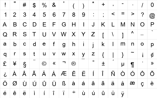 Ayar Regular  glyph index