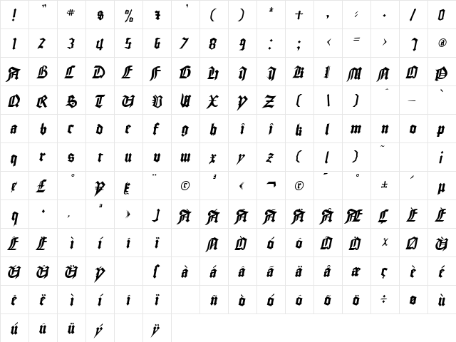 Zemstvo Oblique  glyph index