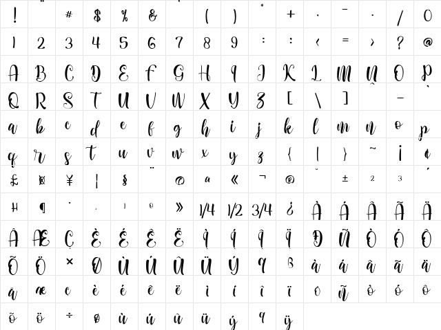 enchantee Regular  glyph index