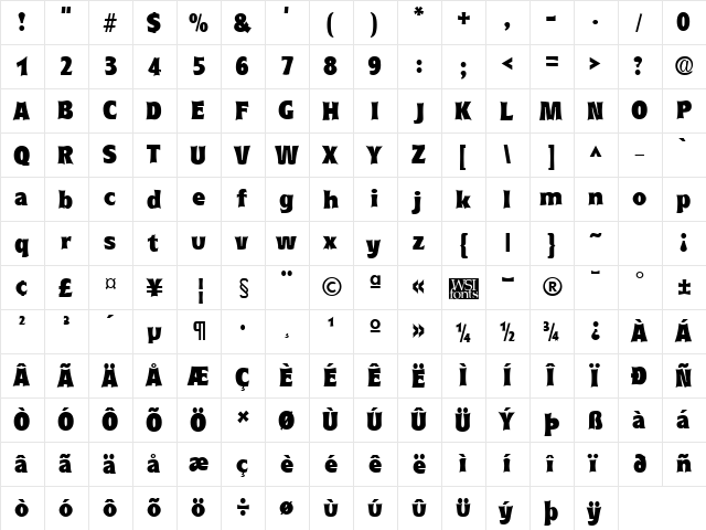 CurvacBlack Regular  glyph index