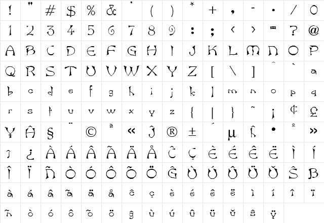 Bard Eo Regular  glyph index
