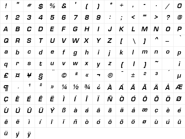Microstile Bold-Italic  glyph index