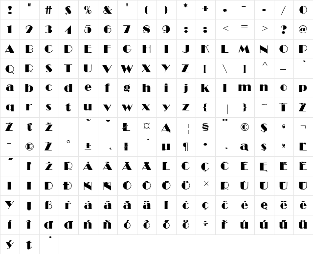 BroadwayPEE Regular  glyph index