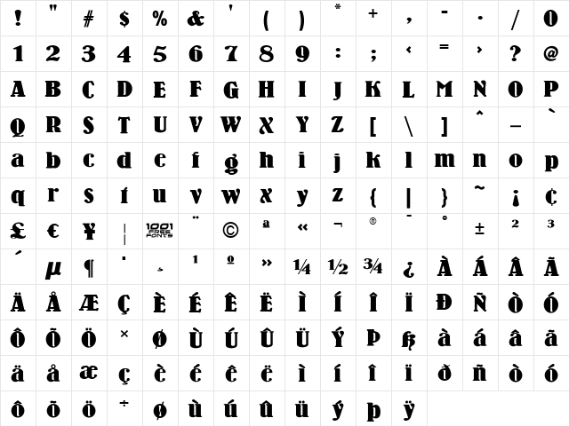 Wooden Nickel NF Regular  glyph index