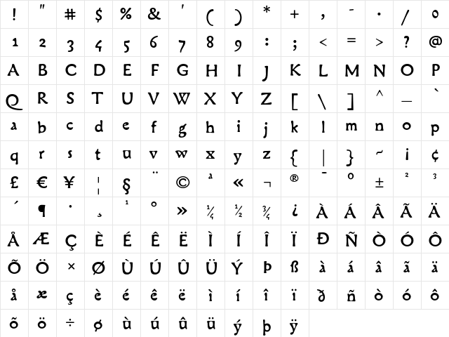 Cobra Regular  glyph index