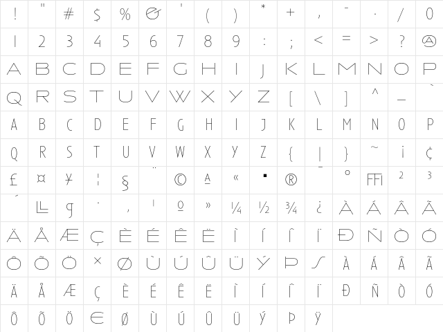 Anisette Thin  glyph index
