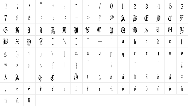 CrusaderGothicCondensed Regular  glyph index