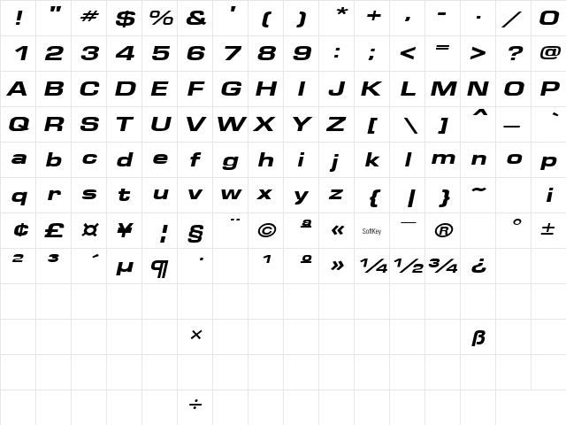 EuroseHeavyface Italic  glyph index