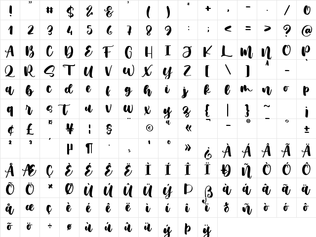 Muthiara -Demo Version- Regular  glyph index