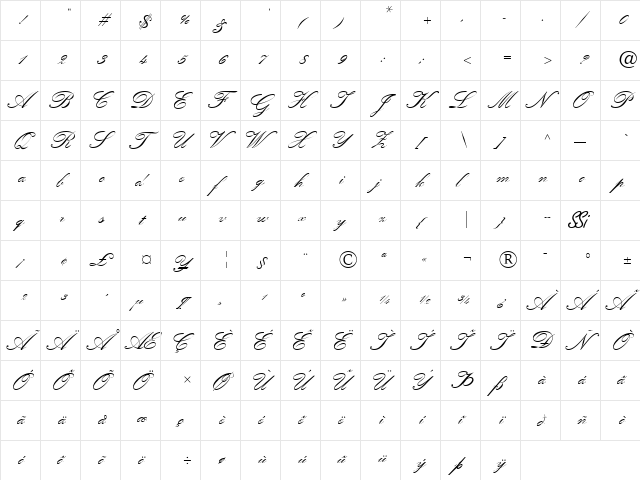 Quill Script SSi Bold  glyph index