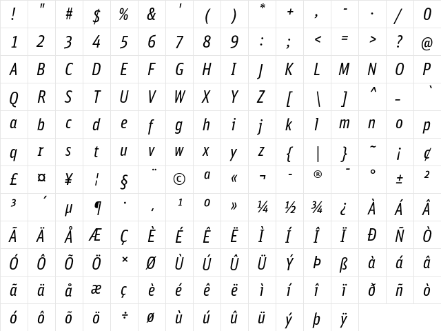 DB Sans Comp Regular Italic  glyph index