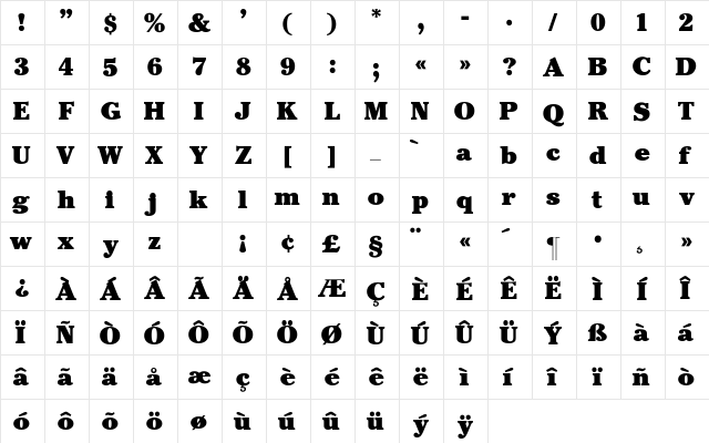 Cheltenham-Black Regular  glyph index