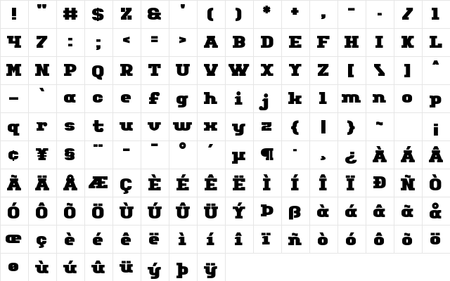 Virtu Regular  glyph index