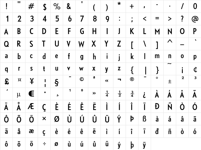 DTLNobelT Condensed  glyph index