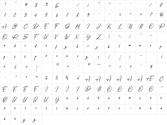 Rosellinda Alyamore Regular  glyph index