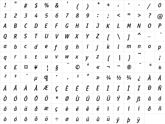 OfficinaSanITCTT MediumItalic  glyph index