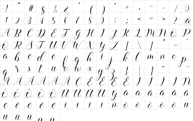 balerina Regular  glyph index