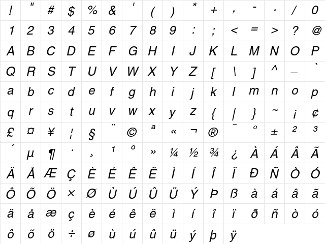 Helvetica Oblique  glyph index