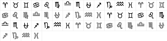 Zodiac St Regular  glyph index