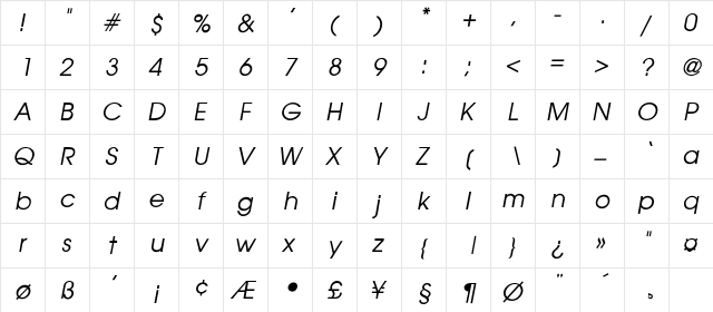 Driscoll-Thin-Italic Regular  glyph index
