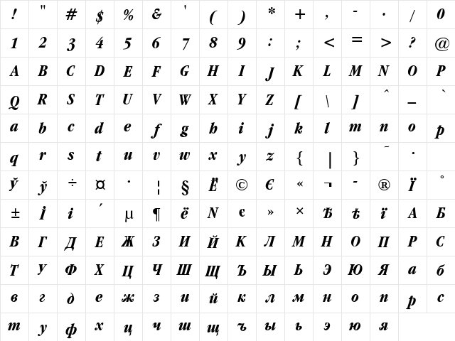 Garamond cond Bold-Italic  glyph index