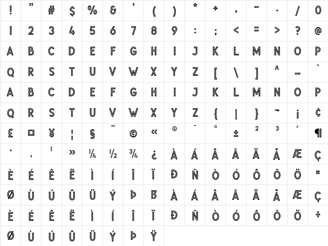 Glaschu Inline Regular  glyph index