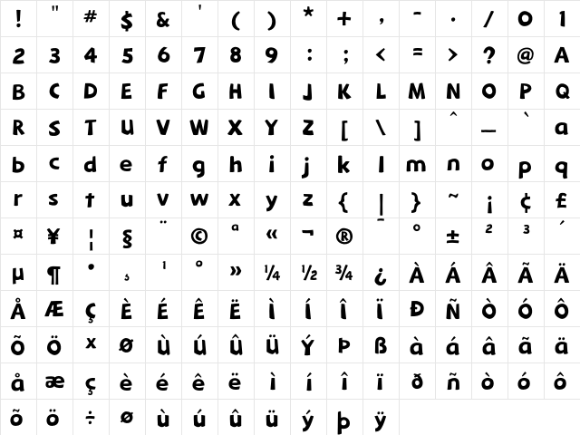 MenyakaBold Bold  glyph index