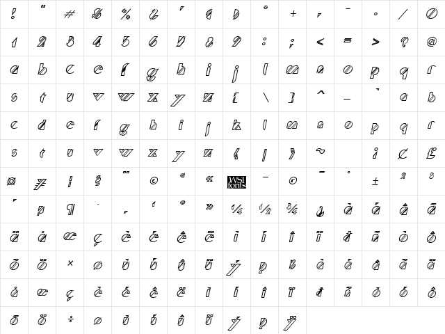 Trufflette Italic  glyph index