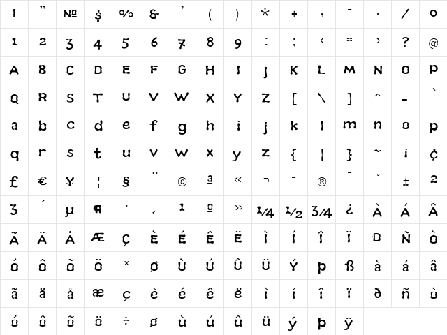 Terylene Regular  glyph index