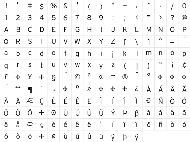Interstate Light  glyph index