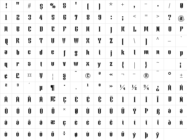 Xacose Regular  glyph index