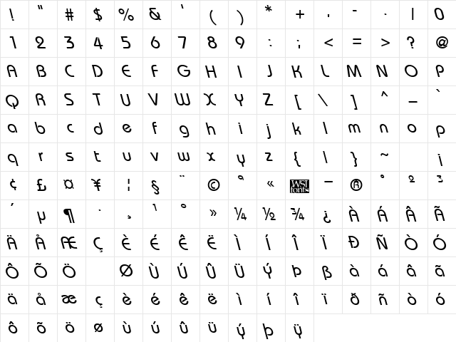 BordeauxBackslant Regular  glyph index