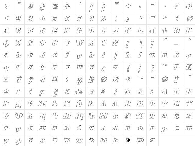 FuturaEugenia Ho Italic  glyph index