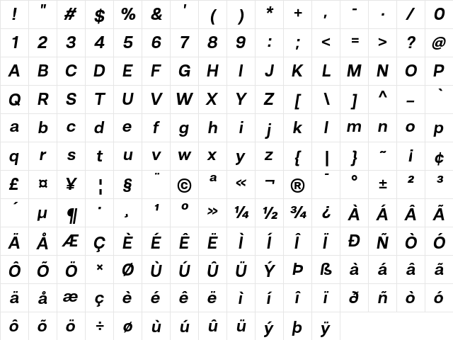 Hando Trial Bold Italic  glyph index