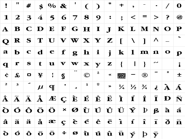 GarnetBroad Bold  glyph index