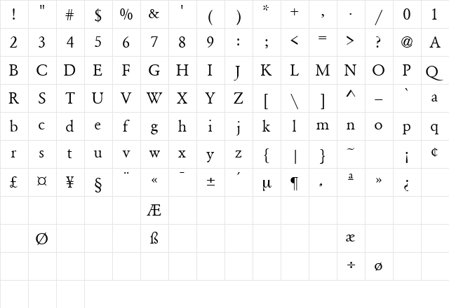 GaramondSemiExpandedSSK BoldItalic  glyph index