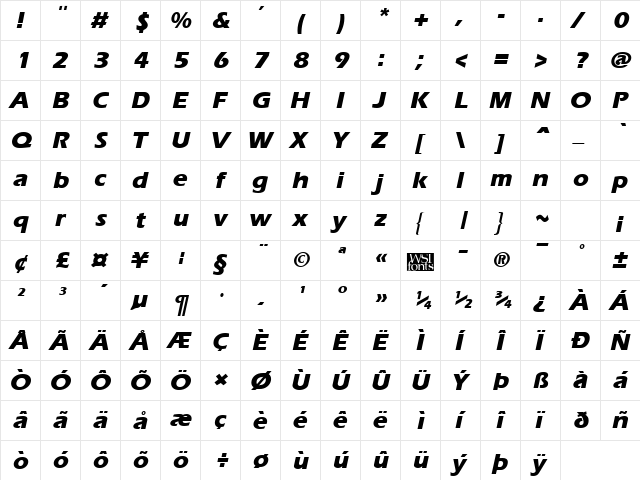 ErgoeExtrabold Italic  glyph index