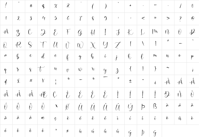 Hosbela Regular  glyph index