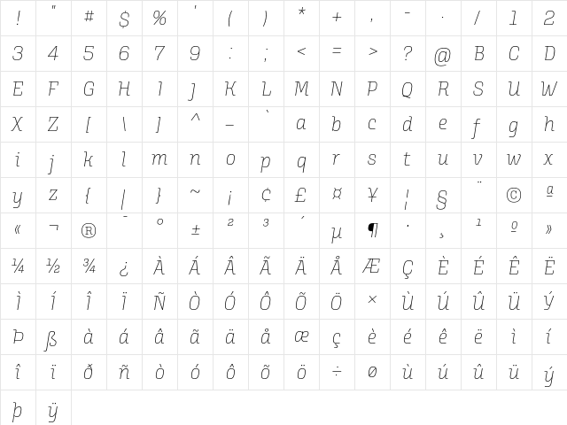 Alianza Italic 100  glyph index