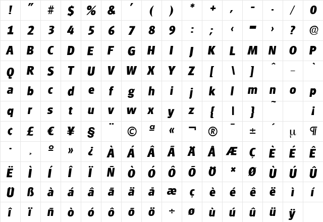 GlasgowSerial-Xbold Italic  glyph index